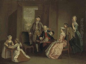 A Conversation Piece With Elegant Figures Playing Cards In An
Interior by Hubert-Francois Gravelot