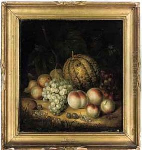 A Pumpkin, Apples, Grapes, Pears, Cherries, Gooseberries, Berriesand A Plum On A Mossy Bank