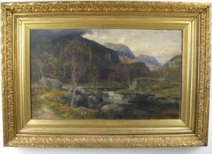Flyfisherman On Stream In Summer Mountain Landscape