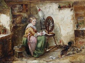 A Girl At Her Spinning Wheel, In A Cottage Interior by Kate Gray