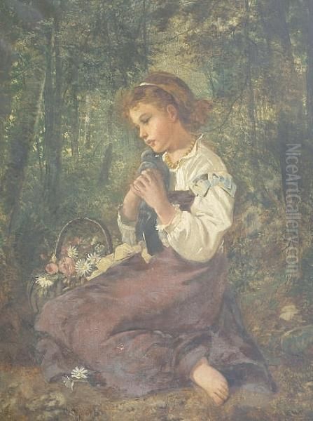 A Girl Seated In A Wood, Clutching A Dove, A Basket Of Flowers By Her Side - view 1