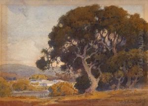 Oak Grove Near Water And Houses by Percy Gray