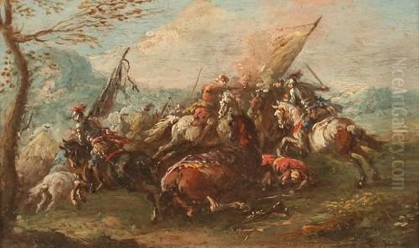 Pietro Zugeschrieben(italienischer Maler Des 18.jh., Sehr Haufig Schlachtenbilder)"schlachtenszene" Mit Zahlreichen Reitern, Ol Auf Kupferplatte, 12x 18,5, R. - view 1