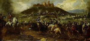 A Cavalry Skirmish, With A Fortified City In The Distance