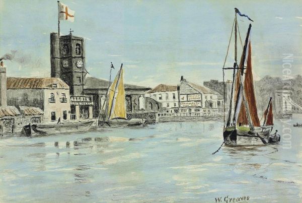 View Of Chelsea Old Church From Across The River Thames At Chelsea Reach by Walter Greaves