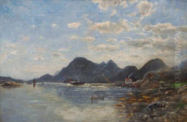 Norwegische Landschaft Mit Postdampfer Und Fischerbooten - view 1