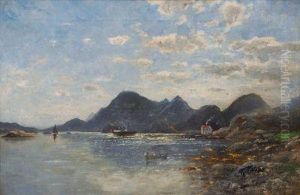 Norwegische Landschaft Mit Postdampfer Und Fischerbooten by Greben