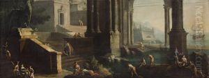 Marina Con Edifici E Sculture Classiche, Un Veliero E Astanti Vari by Gennaro Greco