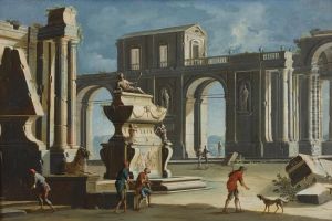 Architettura, Fontana Con Sculture Classiche E Astanti Vari by Gennaro Greco