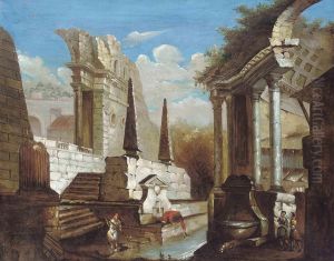 An Architectural Capriccio With A Figures Beside A Fountain by Gennaro Greco