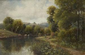 Fishermen In A River Landscape With Cattle Watering Fishermen In A River Landscape With Cattle Watering