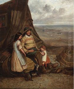 Fisherman And His Children Resting On The Coast by Alfred H. Green
