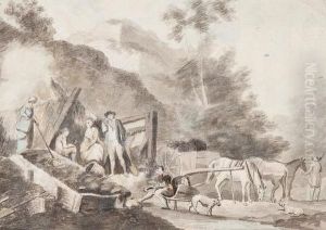 Men And Women At Rest At The Entrance To A Mine by Amos Green