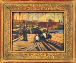 Oil On Board, "dock Builders," 10.25 By13.75 Inches, Framed