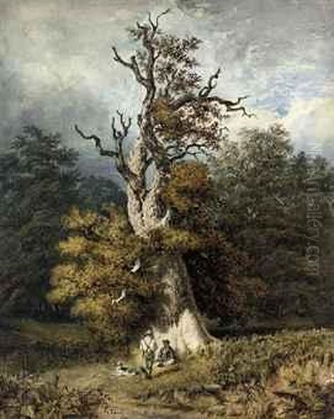 Figures Sheltering Beneath An Oak Tree In Windsor Great Park - view 1