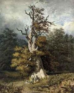 Figures Sheltering Beneath An Oak Tree In Windsor Great Park by Charles Edwin Lewis Green