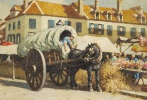 Maiden With Horse Cart At Flower Market In France by Frank Russell Green