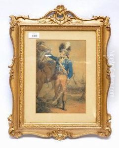 George Lyon, 11th Light Dragoons, With Horse, A Battle Inthe Background by James Green