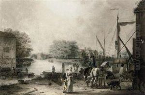 Elegant Figures Before A Pottery Kiln On A Wharf