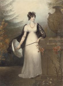 Portrait Of Mrs. Burton Of Lincoln, Full-length, Holding A Parasol, In A Classical Landscape by James Green
