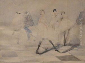 Watercolour Of A Pierrot And Theatrical Dancers by Madeline Green