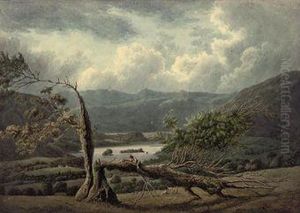 An Extensive Landscape In The Lake District With Figures On Afallen Tree In The Foreground