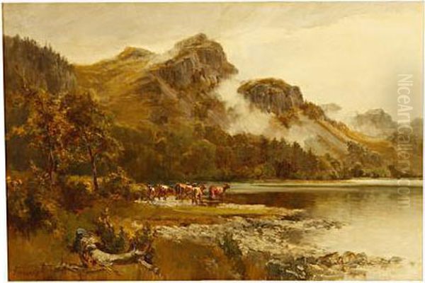 River Landscape With Cattle Watering - view 1