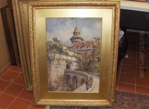 Figures On A Bridge By A Continental Chateau