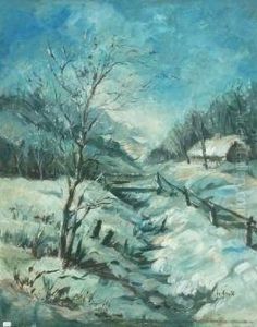 Verschneite Winterlandschaft Mit Bachlauf Und Haus by Johannes Greferath