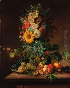 Summer Flowers In An Elaborate Vase With Peaches, Apples, Pears Andwalnuts On A Table Alongside
