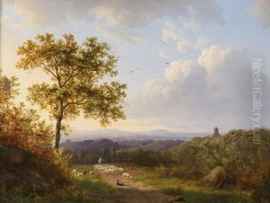 Landscape Withmeadows And A Lane With A Shepherd And His Sheep