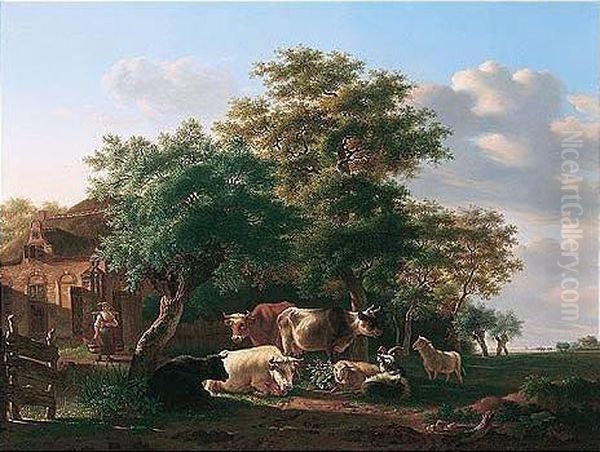 A Pastoral Landscape With A Milkmaid And Livestock Outside A Farm House - view 1