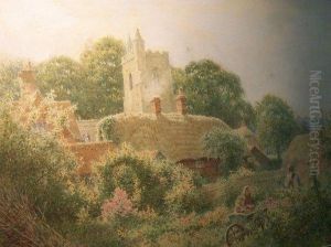Children With Gardener Beside A Thatched Cottage
