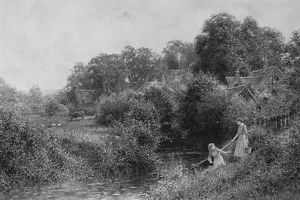 Young Girls Collecting Water From A Stream, Near Haslemere,surrey Young Girls Collecting Water From A Stream, Near Haslemere,surrey