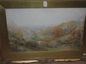 An Extensive Village Landscape With Cottages Amidst Trees And A Group Of Children In The Foreground, Signed, Watercolour