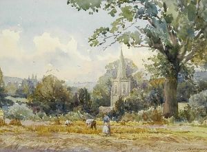 In The Harvest Field With Church Beyond by Kenneth Gregory
