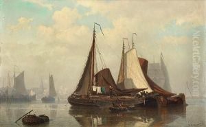 An Estuary Scene With Barges At Anchor