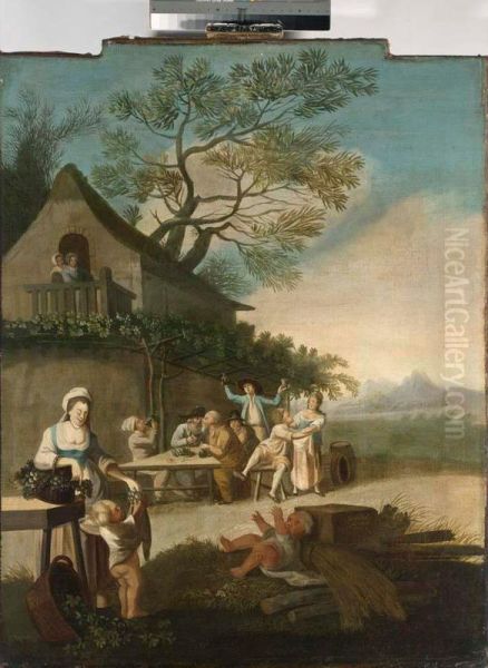 A Merry Company Drinking Outside An Inn, A Woman Feeding Grapes To Children In The Foreground - view 1