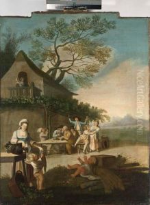 A Merry Company Drinking Outside An Inn, A Woman Feeding Grapes To Children In The Foreground A Merry Company Drinking Outside An Inn, A Woman Feeding Grapes To Children In The Foreground