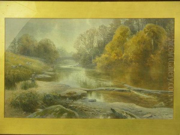 Isherman On Riverbank With Sheep - view 1