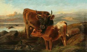 Cow And Calf In A Highland Landscape by James Stephen Gresley