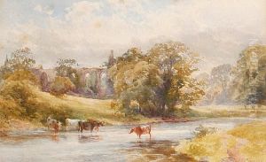 Cattle Watering Before Abbey Ruins by James Stephen Gresley