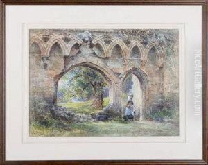 A Girl And Her Dog Walking In The Ruins Of An Abbey by James Stephen Gresley