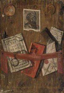 A Trompe L'oeil Of Two Coins, Letters, A Needle And Thread, A Comb,a Pair Of Glasses And Two Flies by Gabriel Gresly