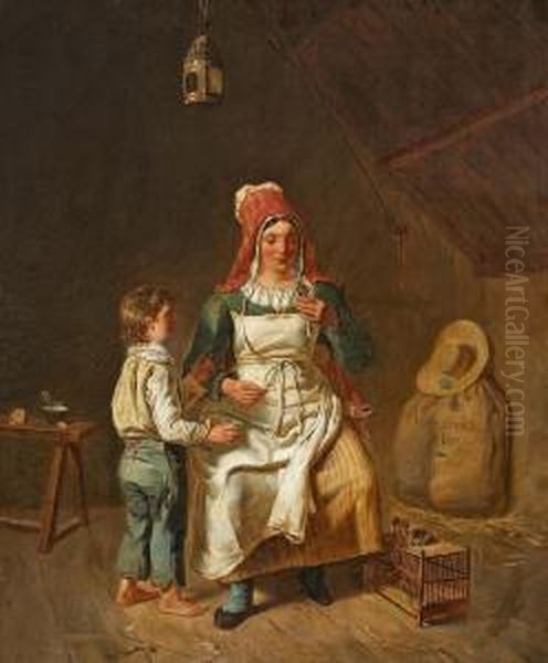 Mutter Und Sohn, Ein Vogelkuken Futternd - view 1