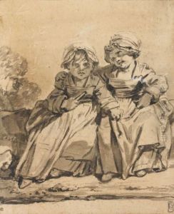 Deux Fillettes Assises by Jean Baptiste Greuze