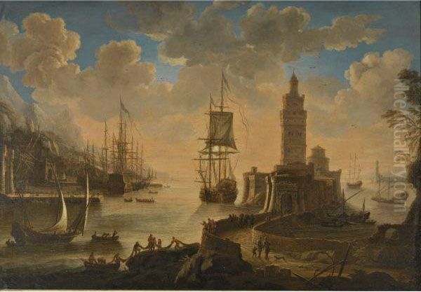 A Capriccio Of Shipping In A Mediterranean Harbour, Withfishermen Unloading Their Boat In The Foreground - view 1