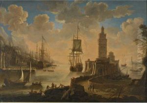 A Capriccio Of Shipping In A Mediterranean Harbour, Withfishermen Unloading Their Boat In The Foreground