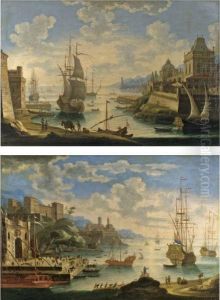 A Mediterranean Coastal Capriccio Landscape With A Large Palaceoverlooking A Harbour by Alessandro Grevenbroeck