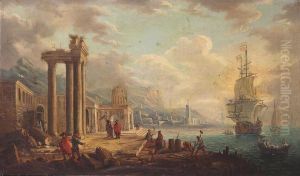 Harbour Scene With Figures Among Ancient Ruins